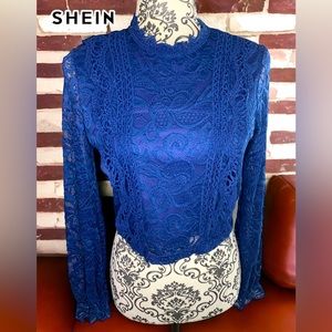 SHEIN Privé Guipure Lace Insert Flounce Sleeve Blouse- Small